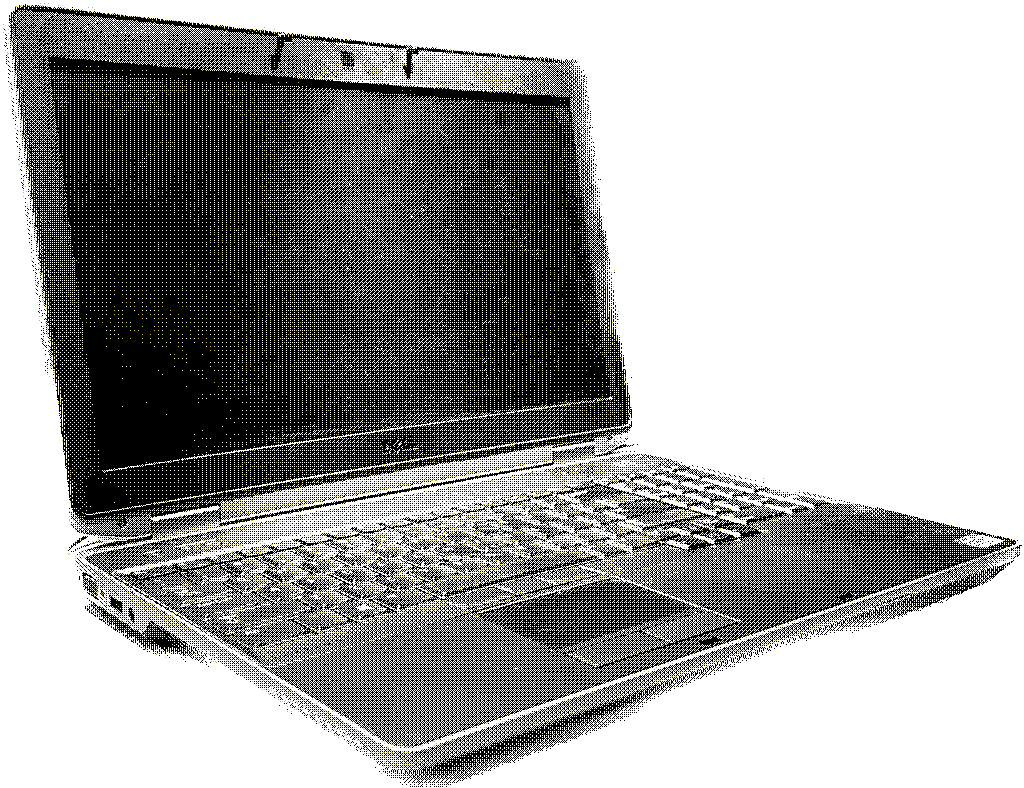 Pictured is a black and gray 15-inch laptop opened, facing diagonally away from the camera